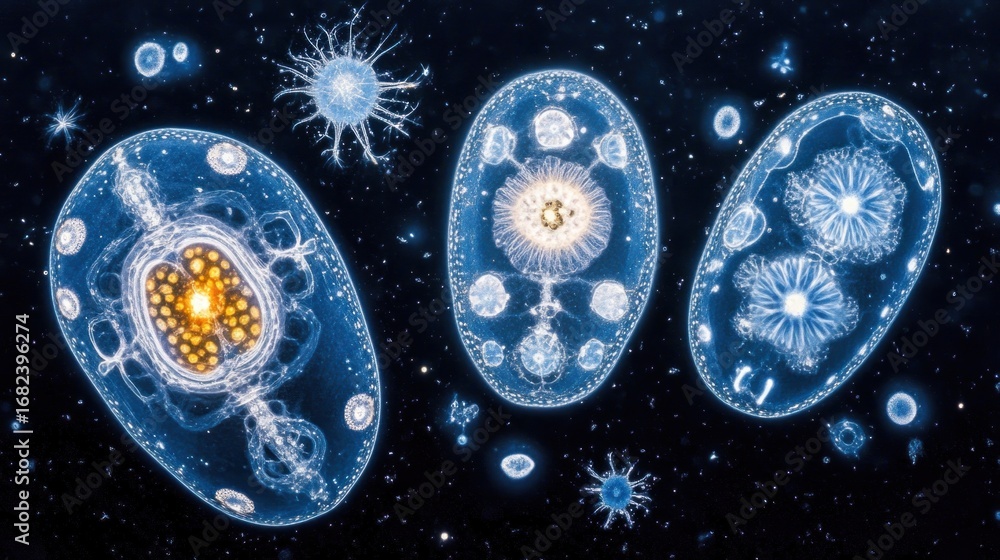 Aufkleber intricate microscopic organisms detailed with bioluminescent structures in deep space exploration
