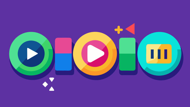 Vector illustration of play, pause, stop, fast-forward, and rewind icons in flat modern style.