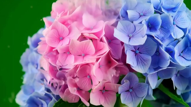 Close-up of vibrant pink and blue hydrangeas