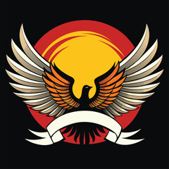 Fototapeta premium Eagle wings wrapping around rising sun disk