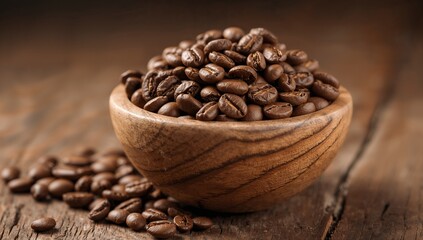 Fototapeta premium Rich aroma freshly roasted coffee beans close up in wooden bowl on rustic surface