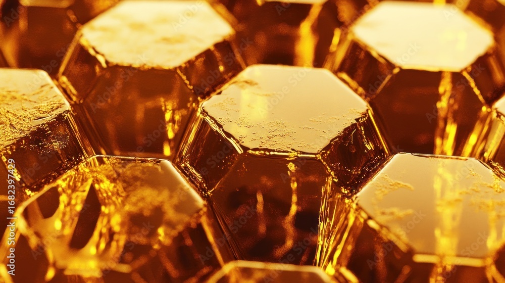 Poster close-up of a mesmerizing golden texture formed by geometric hexagonal shapes reflecting light