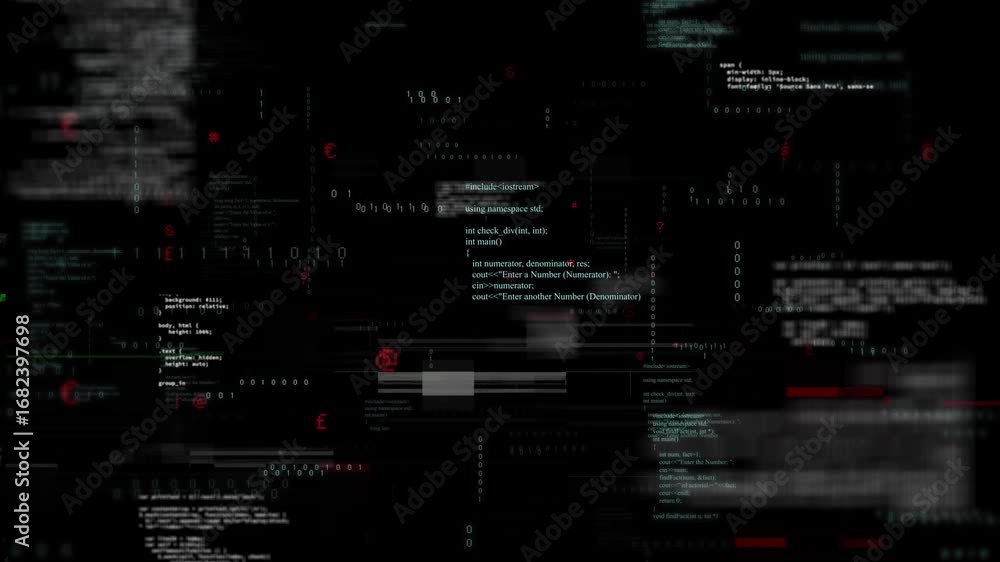 Poster digital animation of glitch effect over multiple screens with data processing on black background