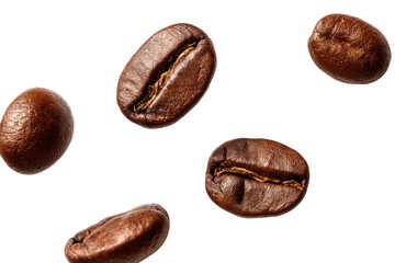Roasted coffee beans, scattered in mid-air against a black background.  Close-up view of their rich, dark brown surfaces and distinctive ridges
