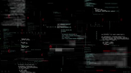 Digital animation of glitch effect over multiple screens with data processing on black background - Powered by Adobe