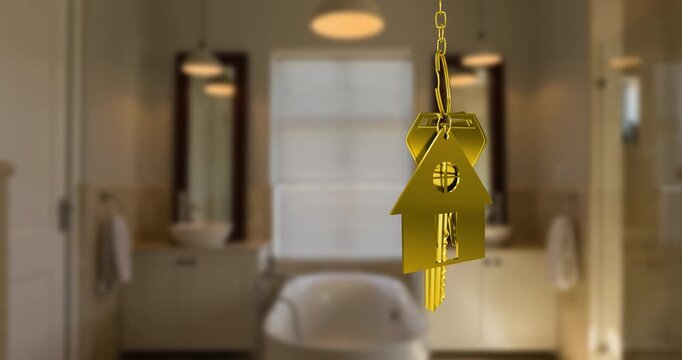 Animation of golden key with house shape over bathroom