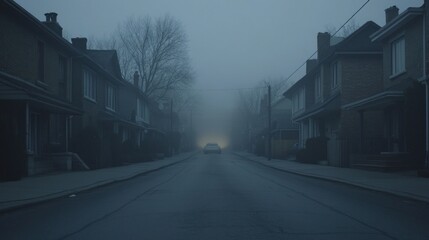 Fototapeta premium Eerie drive: car navigates dense fog through a quiet suburban neighborhood