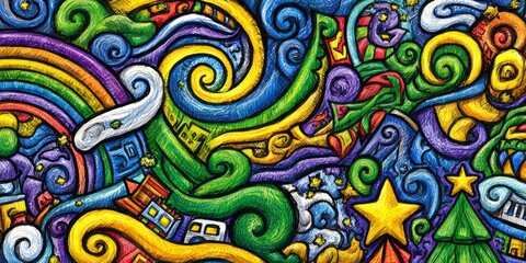 A vibrant and whimsical design, filled with swirling patterns, festive elements, and a joyful color palette, showcasing a multitude of whimsical shapes and textures.