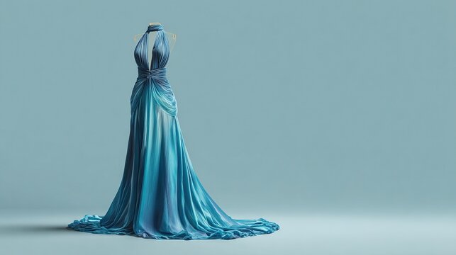 A floor-length, ombre blue halter neck gown, displayed on a simple mannequin against a pale blue backdrop; the fabric drapes elegantly, showcasing a flowing train - Powered by Adobe