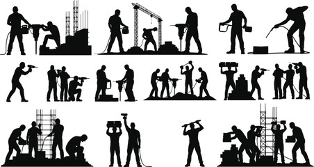 Construction worker silhouette, building labor, heavy equipment, construction site, industrial tools, teamwork, construction industry, urban development, black vector illustration