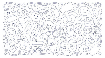 Baby Shower Doodle Art with Toys and Symbols drawing