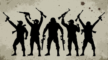 Fototapeta premium Silhouetted soldiers celebrating victory with raised weapons