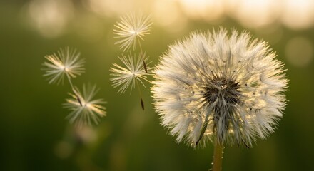 Obraz premium 夕日輝く草原 タンポポの綿毛 ふわりと舞う 優しい光. AI Generated