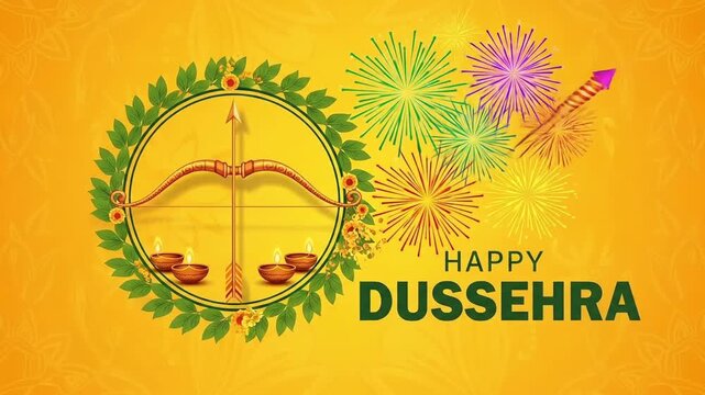 A festive vector illustration for the Happy Dussehra celebration, featuring a symbolic bow and arrow, colorful fireworks, and a wreath representing the triumph of good over evil