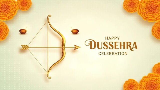 Happy Dussehra Celebration Golden Bow and Arrow with Marigold Flowers