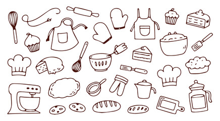 Blue hand drawn baking and cooking utensils doodle set