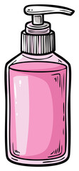 Cartoon Illustration of Dispenser Bottle with Pink Liquid for Hygiene or Skincare