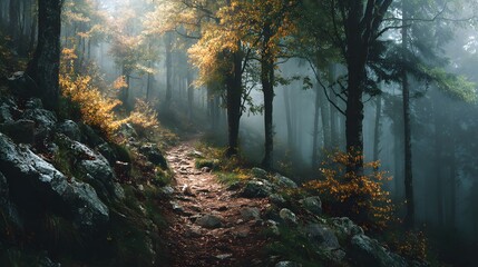 Golden Autumn Foliage Illuminates a Rocky Path in a Deep, Misty Enchanted Forest