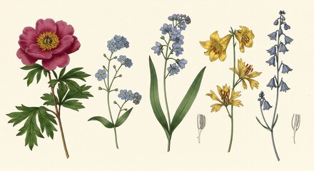 繊細な水彩画風 野花図鑑 美しい花びら 穏やかな色彩. AI Generated