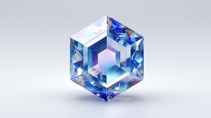 A digitally rendered, multifaceted gemstone, hexagonal in shape, displays iridescent blue and purple hues against a light grey backdrop.  Its facets 