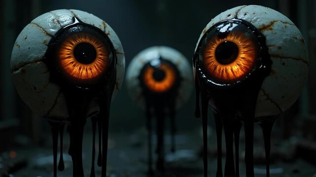 Eerie dark eyeballs with glowing orange pupils, dripping black goo, creating a surreal, creepy, Halloween animation for spooky visuals.