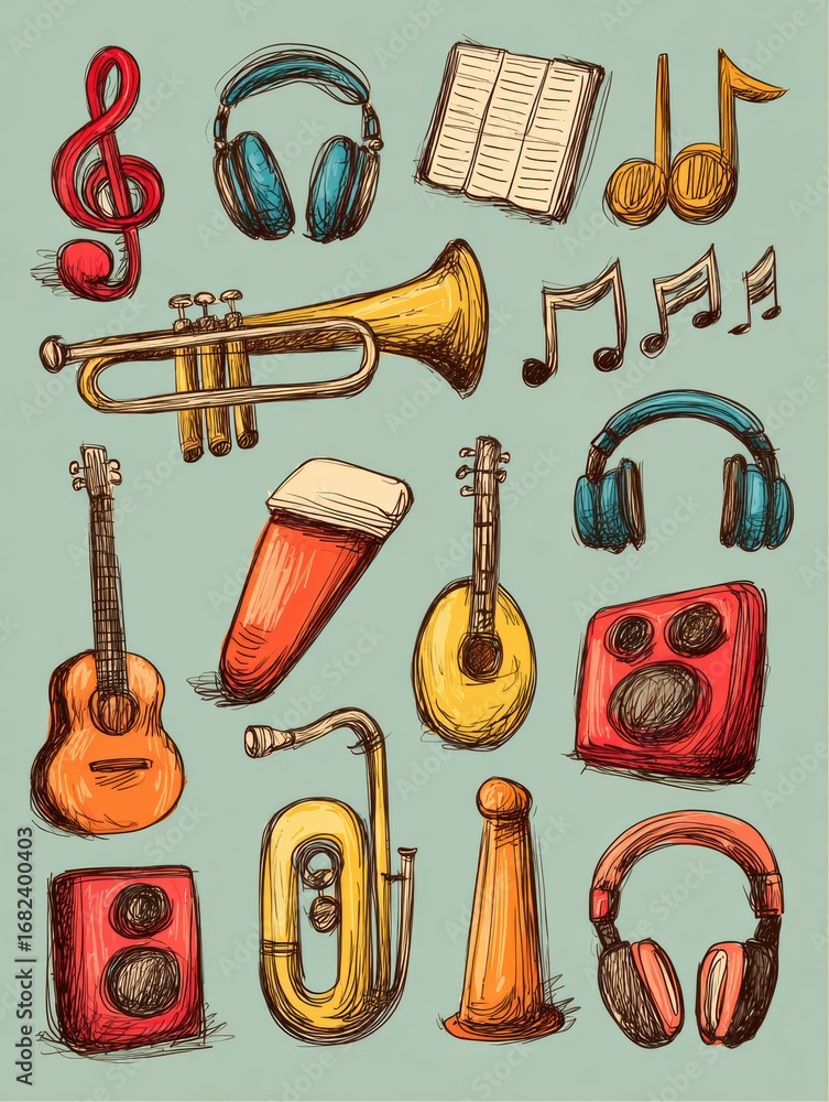 Poster colorful collection of musical instruments and notes illustrating various aspects of music and sound