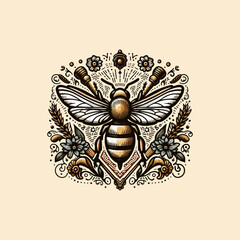 Detailed illustration of a bee with wings and floral elements.