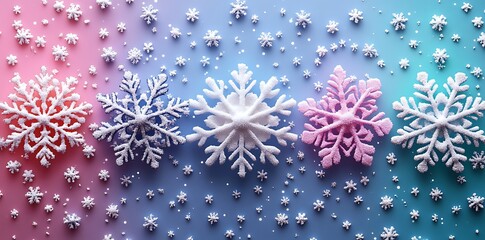 Five large textured snowflakes in white blue and pink with small snowflakes winter cold