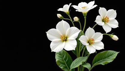 Obraz premium Realistic White Flower with Green Leaves Black Background