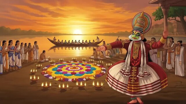 Vibrant illustration of a traditional Kathakali dancer performing during the Onam festival in Kerala, India, with a beautiful Pookalam, oil lamps, and a snake boat at sunset