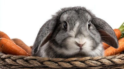 Gray lop-eared rabbit in woven basket, surrounded by orange carrots, on white