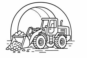 Naklejka premium Loader moving rocks inside tunnel line art illustration. Fun coloring page