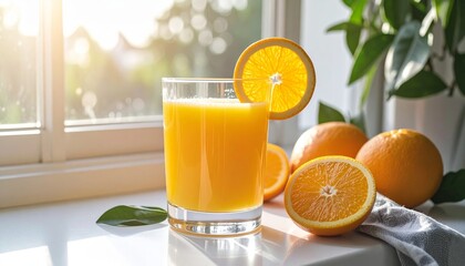 Fototapeta premium Fresh orange juice in a glass on a white table