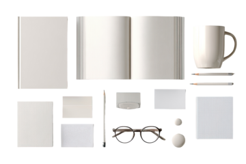Flat lay of various stationery items, including open notebook, pens, pencils, mug, cards, and glasses