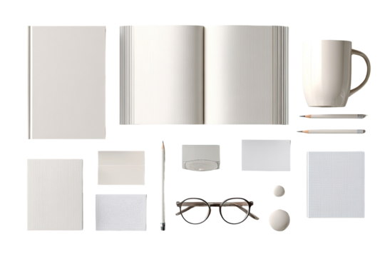 Flat lay of various stationery items, including open notebook, pens, pencils, mug, cards, and glasses