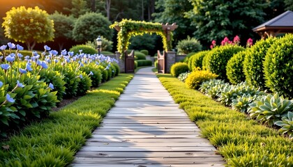 Obraz premium Serene Garden Pathway with Blooming Flowers and Greenery
