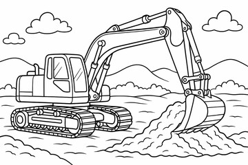 Excavator digging soil at construction site line art illustration. Fun coloring page