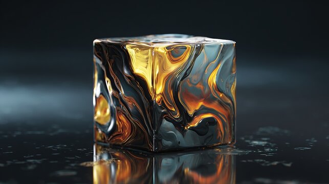 A metallic, cube-shaped object with swirling, liquid-like gold and grey patterns rests on a dark, reflective surface.  The cube appears glossy and three-dimensional