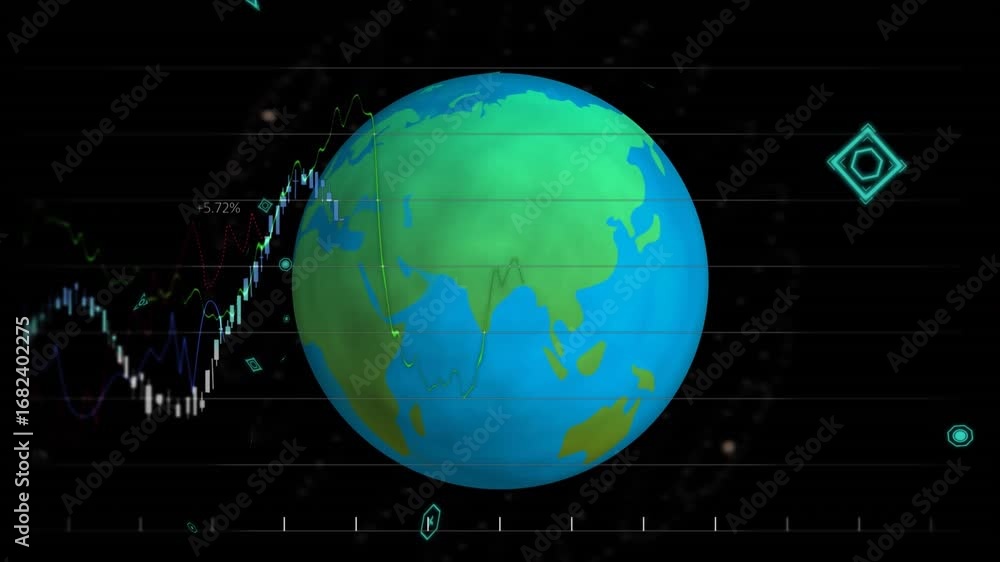 Poster animation of graphs and icons moving fast over globe and black background