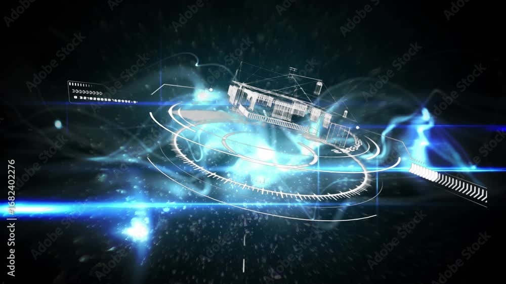 Poster animation of processing circle over black background with blue waves