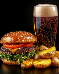 Beer and still side with a hamburger with potatoes . Beverage alongside a beef patty meal accompanied by sliced fried earth a perfect pub fare for a relaxed moment.