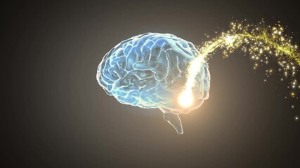 Digital animation of golden shooting star over spinning human brain against grey background - Powered by Adobe