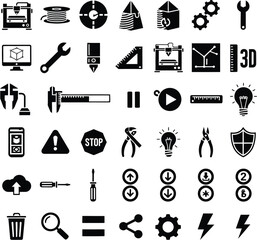 Collection of black and white icons representing technology and tools