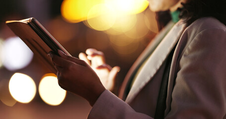 Tablet, hands and businesswoman in city at night for legal update, email or communication online....