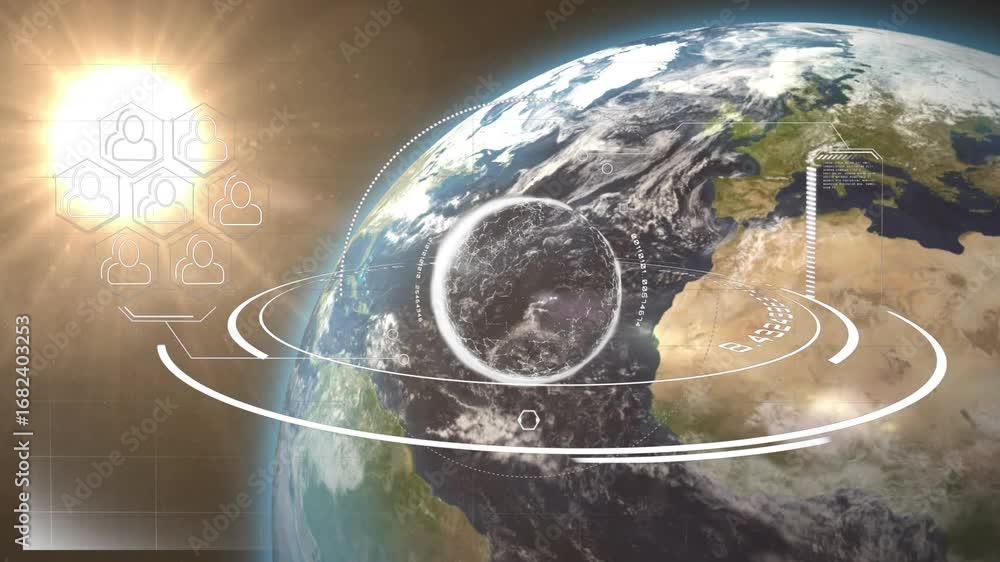Poster animation of icons and processing circle over globe and sun