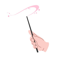 Hand holding magic wand. Witchcraft with sparkling, glowing spell. Illusionist tool, mystical symbol, magic attribute of a wizard