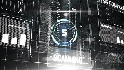 Countdown over neon round scanner against digital interface with data processing on black background - Powered by Adobe