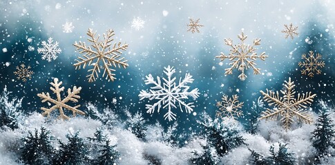 Golden and white snowflakes falling over snowy evergreen trees winter christmas