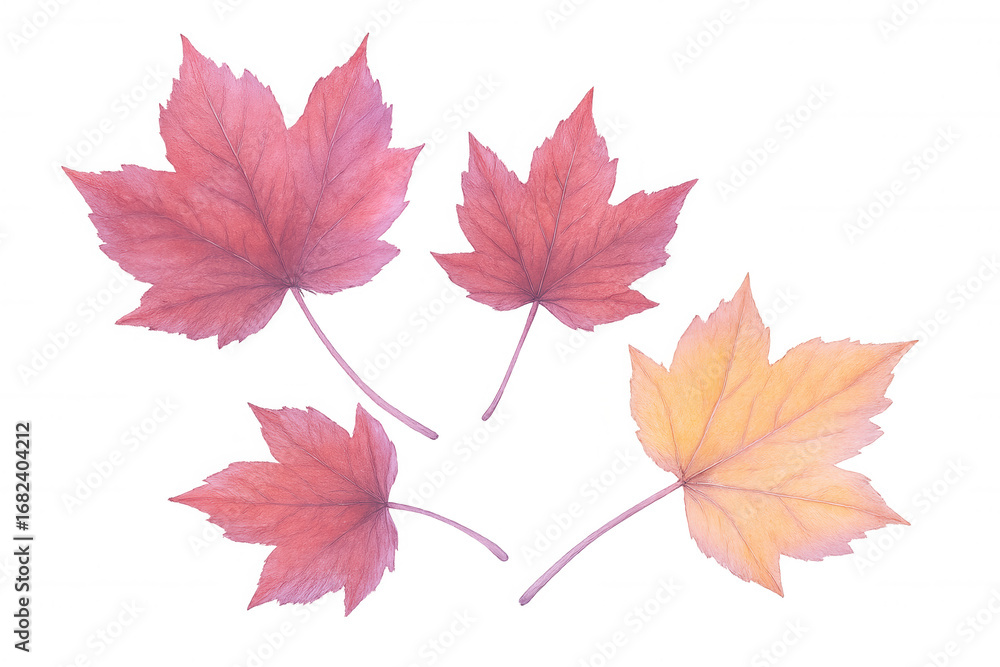 Poster four colorful maple leaves falling down with transparent background, creating a serene autumnal scen