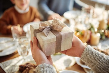 Hands Giving Present during Thanksgiving Family Gathering